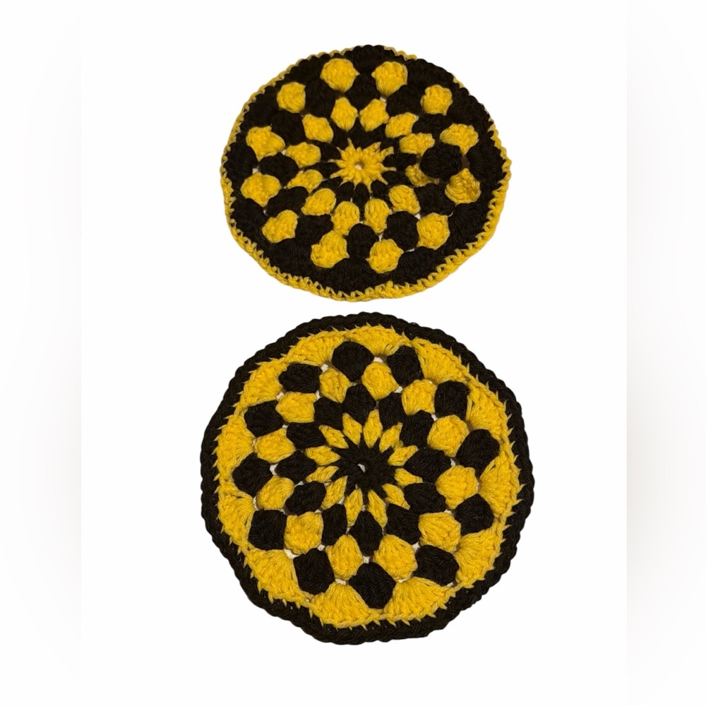 Vintage Handmade Brownand Yellow Crochet Hot Pad Set of 2